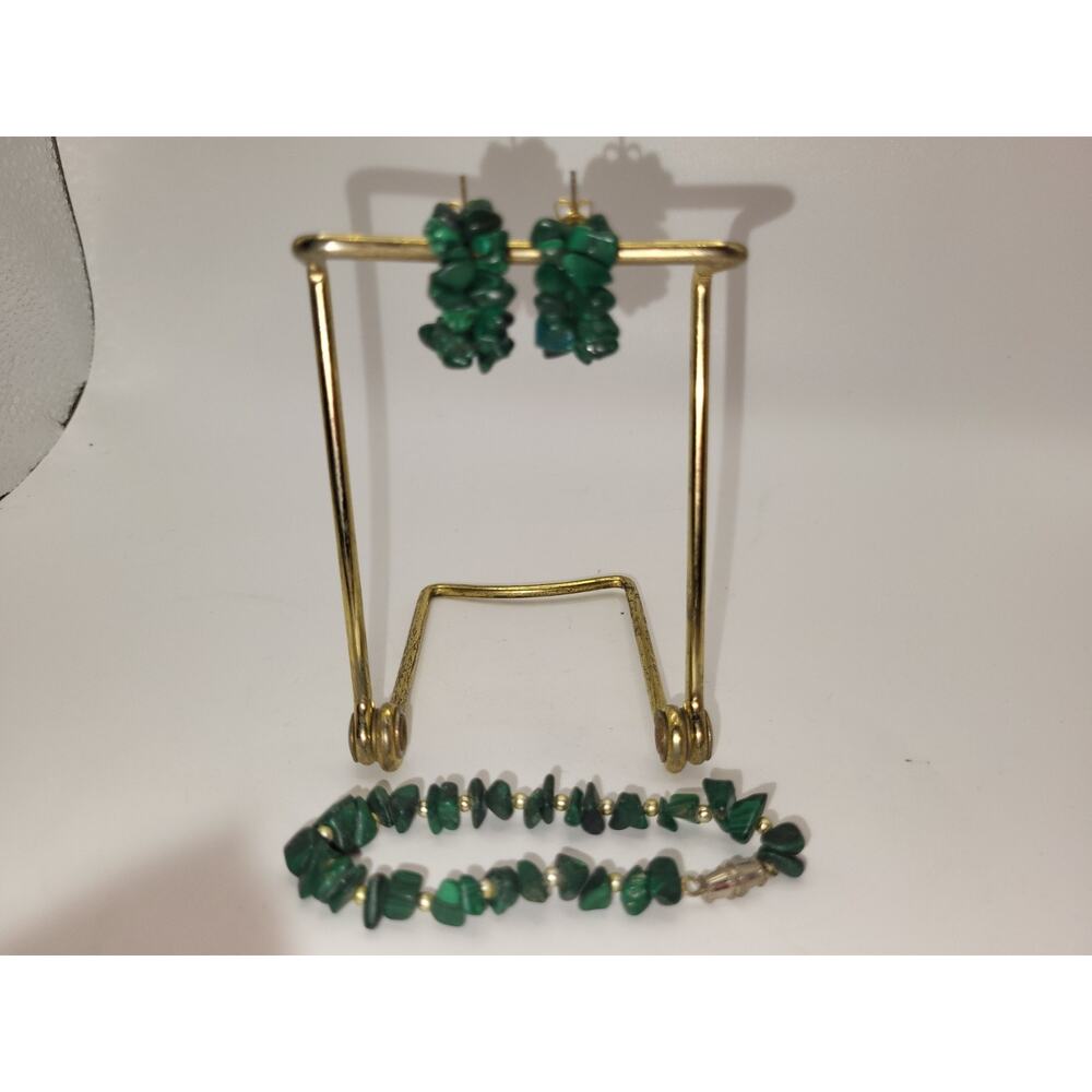 Vinatge Gold tone Natural Malachite Chip Hoop Earrings and Bracelet